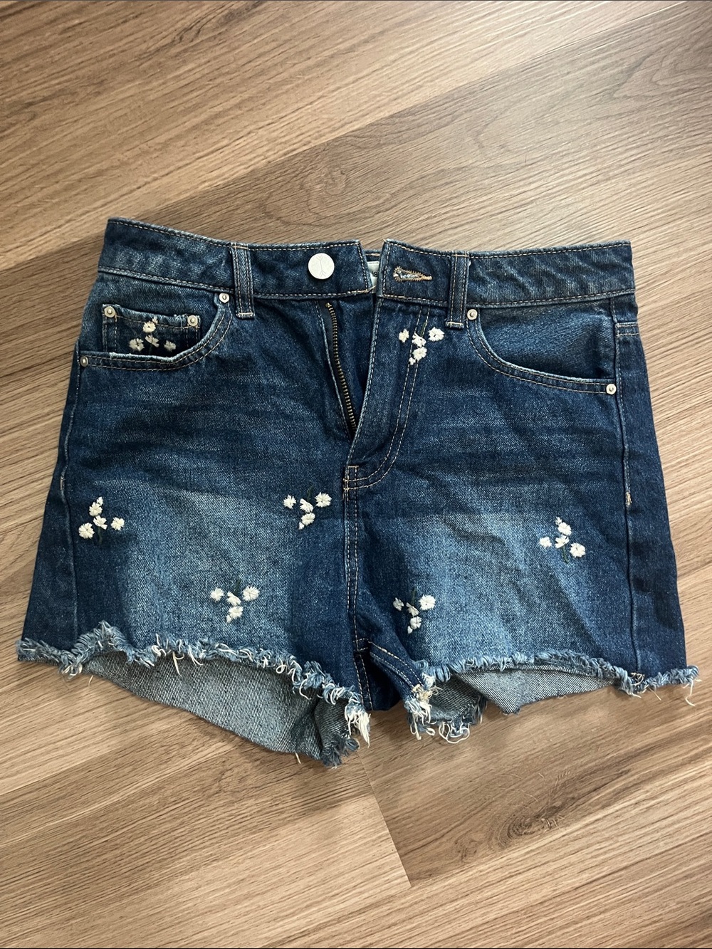 High-Rise Dark Blue Denim Shorts with White Floral Embroidery